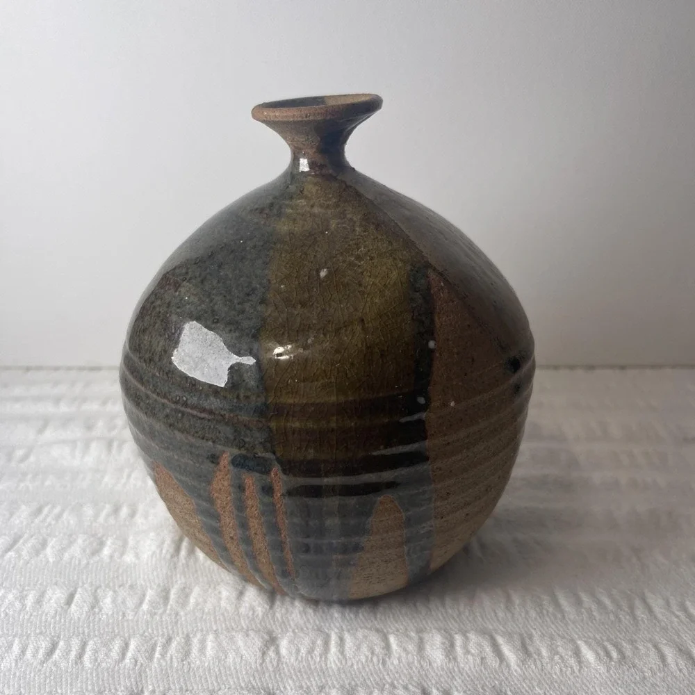 Vintage Studio Pottery Ceramic Bud Weed Vase, Signed , Earth Tone/Blue Handmade